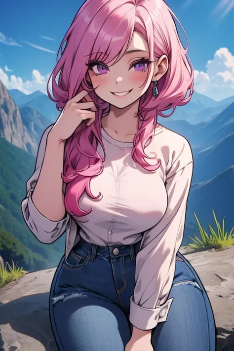 Perfect face. Perfect hands. A pink haired woman with violet eyes and an hourglass figure in a plaid shirt and jeans is smiling while sitting on a mountain top