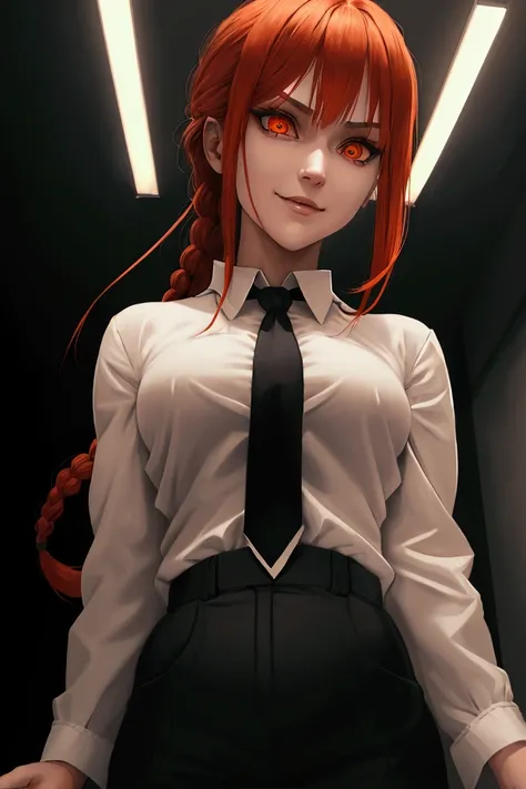 makima (chainsaw man), best quality, ultra detailed, 1girl, solo, standing, red hair, long braided hair, golden eyes, bangs, medium breasts, white shirt, necktie, stare, smile, (evil:1.2), looking at viewer, (interview:1.3), (dark background), from below, ...