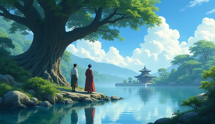 "A wide shot of the entire scene, showing Hiro and Master Koji by the pond with the large oak tree in the background. The tranquility of the setting is emphasized, with the still pond reflecting the clear sky and the towering oak tree. The garden around th...