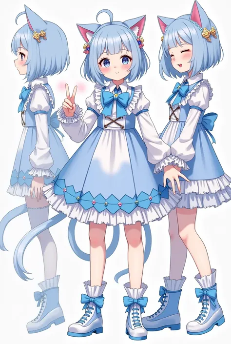 Character reference sheet, girl cat decora fashion catgirl kawaii blue and white 