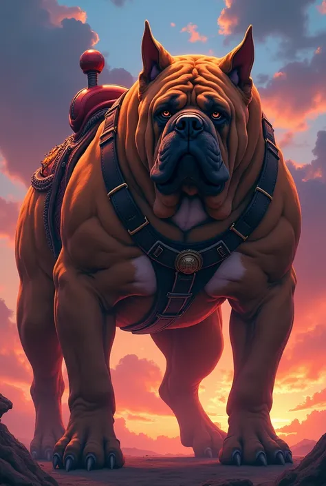 a huge mastiff dog wearing a saddle on its back, beautiful anime style, extremely detailed, jujutsu kaisen inspired, ultra detailed, 8k, masterpiece, cinematic lighting, highly detailed, vibrant colors, dynamic pose, muscular dog, sharp focus