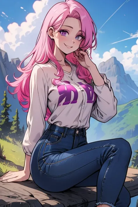 Perfect face. Perfect hands. A pink haired woman with violet eyes and an hourglass figure in a plaid shirt and jeans is smiling while sitting on a mountain top