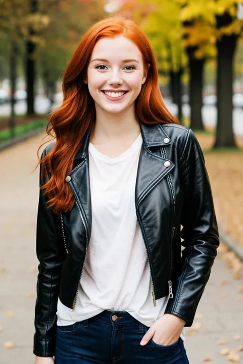 a pretty young redhead woman smiling and happy wearing a leather jacket