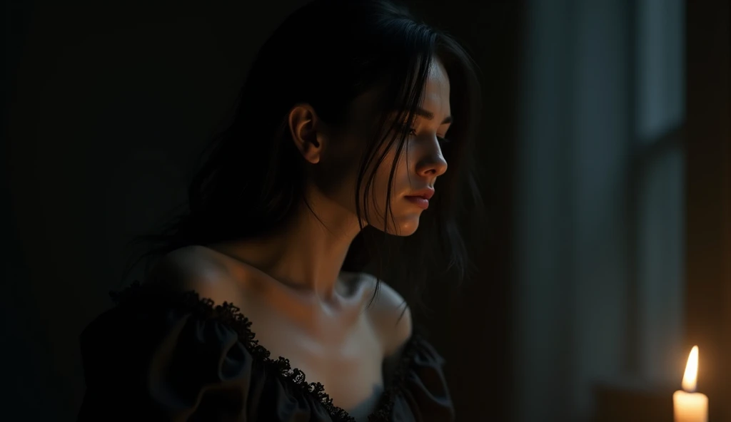 Side lighting, indoors, night, dim lighting, candle lighting, side profile view of a sad womans upper body, focusing on the head and shoulders. The woman has long and straight, dark messy hair cascading down her face, creating a sense of mystery or sadness...