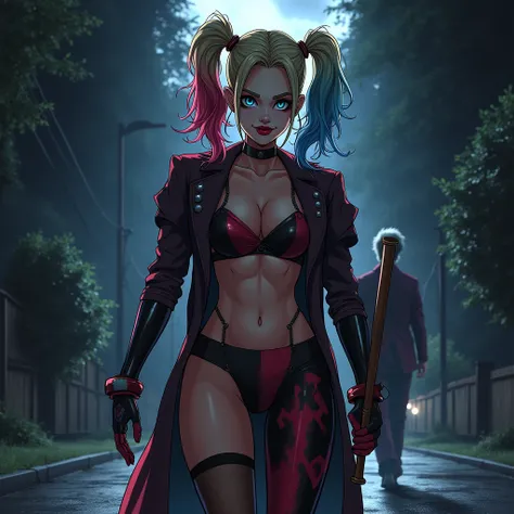 Harley quinn with joker dark aesthetic background at night in road in anime version she is holding a baseball bat in her hand ... She is wearing hot clothes 