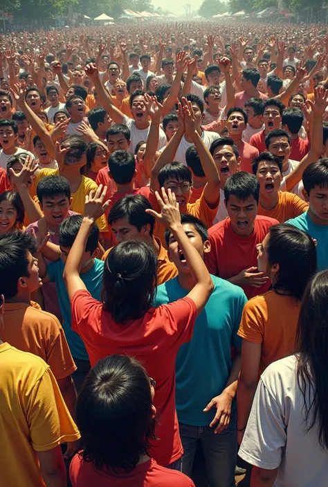 crowd of brainless mad  Philippines people grouped by color, walking and raising hands, with colorful shirts written " Team Bardagulan" . looking drunk and high with narcotics . some are lying the floor, some looking inlove and delusional, some are mad sho...