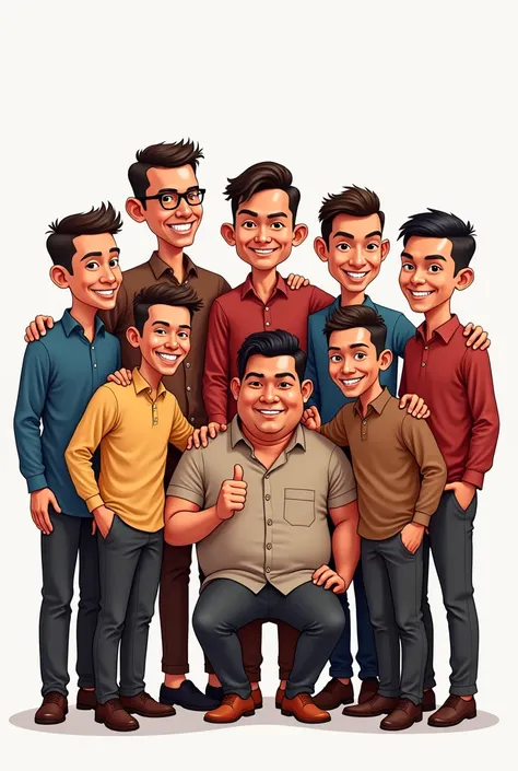 Create a caricature-style illustration featuring 11 Indonesian men posing together for a group photo. One of the men should be depicted with a larger, more robust body, adding a humorous and friendly touch to the scene. Each character should have distinct ...