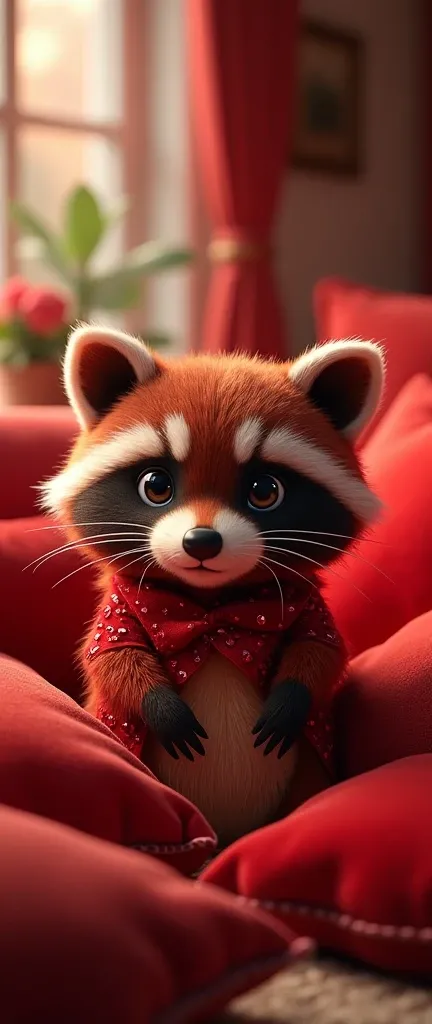 A captivating and whimsical 3D render of a delightfully plump baby raccoon named Chili Red. This adorable creature sports a vibrant, ruby-studded coat with striking maroon accents, making it stand out in the warmly lit environment. Surrounded by a luxuriou...