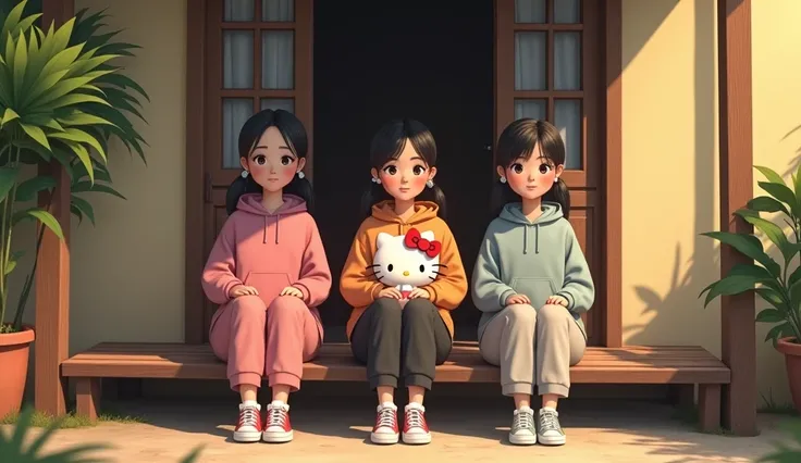 3 beautiful Indonesian adult women with slightly fat bodies, loose hair, big nose, wear a hoodie, long pants, wear sneakers, all faces facing the front camera, sit down, hand holding a hello kitty doll, on the front porch of the village house, beautiful af...