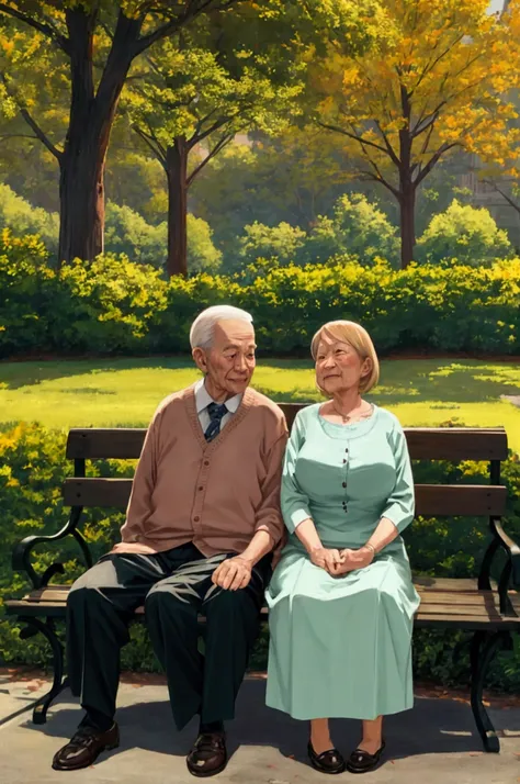 Nostalgic atmosphere、Park at dusk、Elderly couple sitting on bench、The season is autumn、High-detail images、Realistic texture