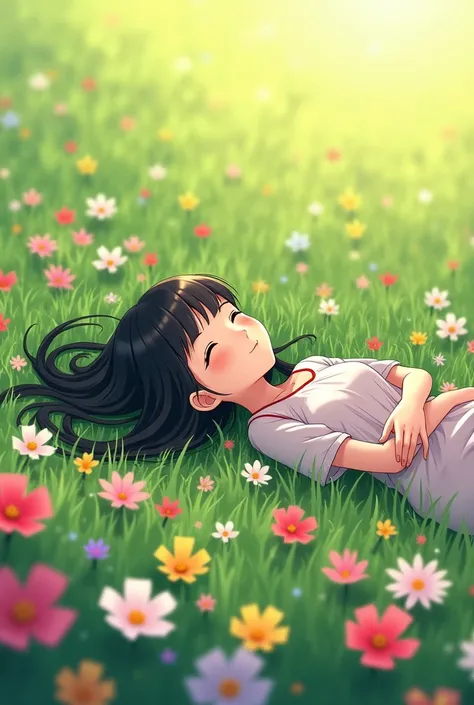 Black long hair flower field anime lay on back