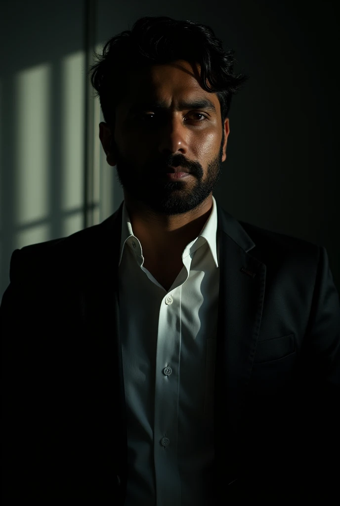 A Bangladeshi man setting in a cinematic  lighting room. 
He wearing black suit and white shirt. 