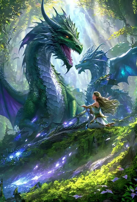 girl in a magical forest, elf girl, (full body)1girl, beautiful detailed eyes, beautiful detailed lips, extremely detailed face and skin, long flowing hair, gracefully hugging a large dragon, dragon curls around the elf girl, dragon detailed scales and cla...