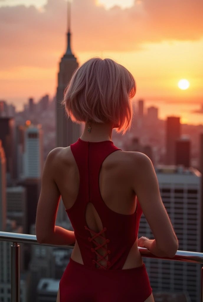 a rear view photo of a woman (having sex, grabbing ass), short hair, cosplay, costume, top of a skyscraper, skyline, sunset, scenic