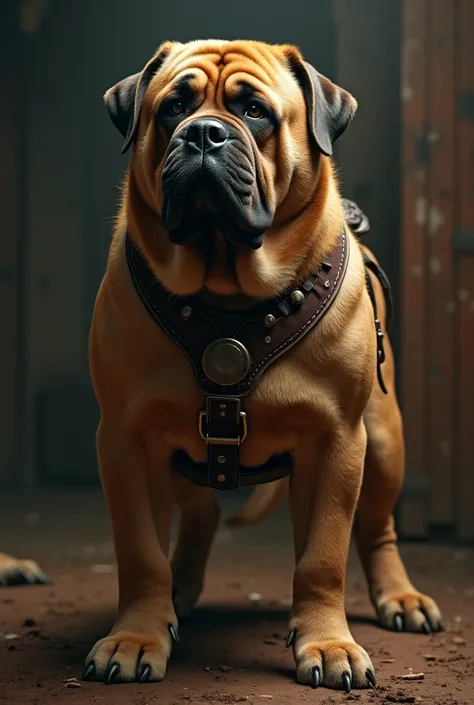 a large, muscular, fluffy mastiff dog, wearing a saddle on its back, hyperrealistic, intricate detailed fur, powerful posture, dramatic lighting, cinematic composition, rich colors, photorealistic, 8k, best quality, masterpiece