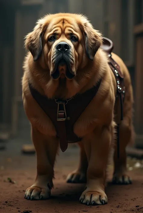 a large, muscular, fluffy mastiff dog, wearing a saddle on its back, hyperrealistic, intricate detailed fur, powerful posture, dramatic lighting, cinematic composition, rich colors, photorealistic, 8k, best quality, masterpiece