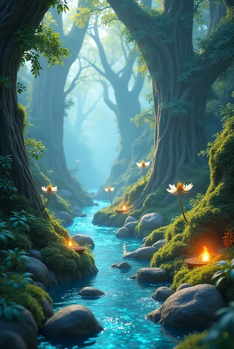 mystic & fantasy forest with enchanted vibe. Image should be 3d