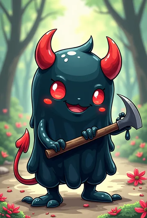 Manga cartoon character, black slime, red horns, small red tail, two hands, two legs, holding a sickle, cute.