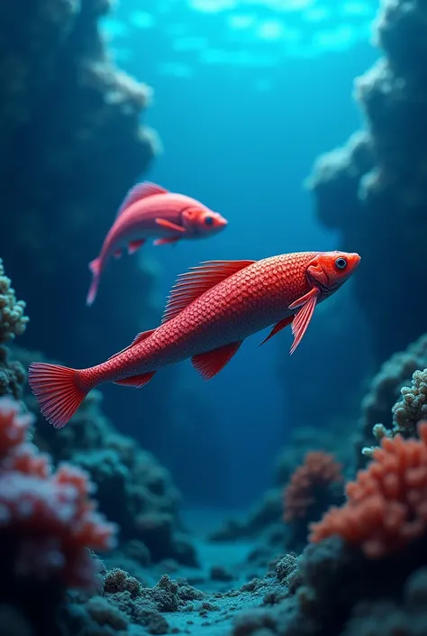 Red dragon fish swimming in the deep sea，Osteoglossidae Osteoglossus。 The body of the red dragon fish is cylindrical，Pink or dark red，The scales are large，The gill cover is bright red。The two red dragon fish are native to Malaysia.、Singapore and Indonesia)...