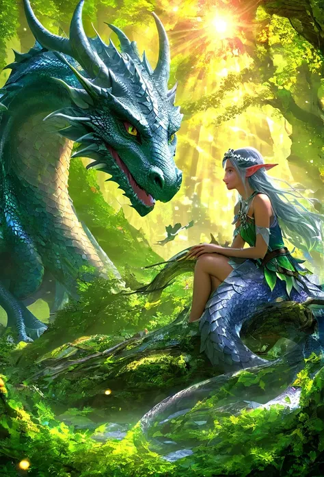 girl in a magical forest, elf girl, (full body)1girl, beautiful detailed eyes, beautiful detailed lips, extremely detailed face and skin, long flowing hair, gracefully hugging a large dragon, dragon curls around the elf girl, dragon detailed scales and cla...