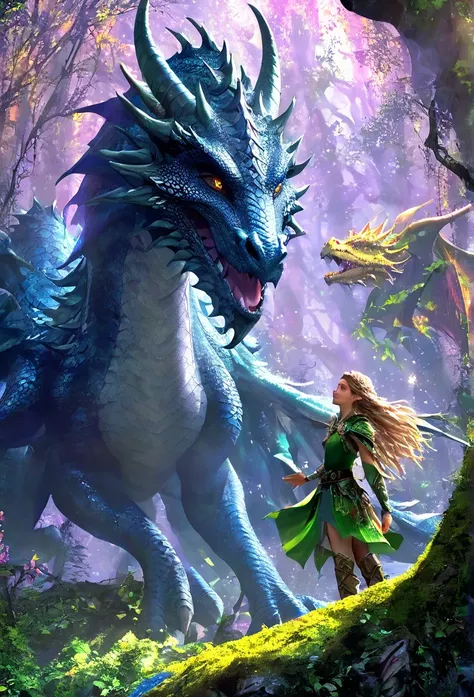 girl in a magical forest, elf girl, (full body)1girl, beautiful detailed eyes, beautiful detailed lips, extremely detailed face and skin, long flowing hair, gracefully hugging a large dragon, dragon curls around the elf girl, dragon detailed scales and cla...