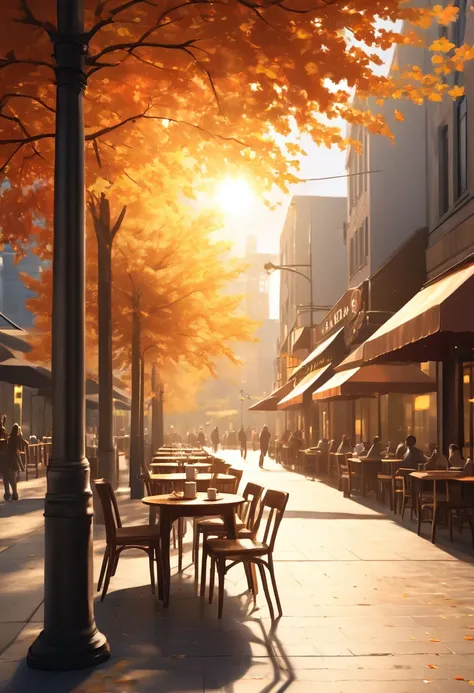 ((((masterpiece, best quality, high resolution)))), Warm autumn afternoon sunlight shines through the leaves onto a table outside a coffee shop,, Head-up