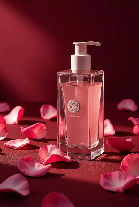 Image of a bottle of ROSE ESSENCE NOURISHING CLEANSING OIL placed on a luxurious surface lined with roses.