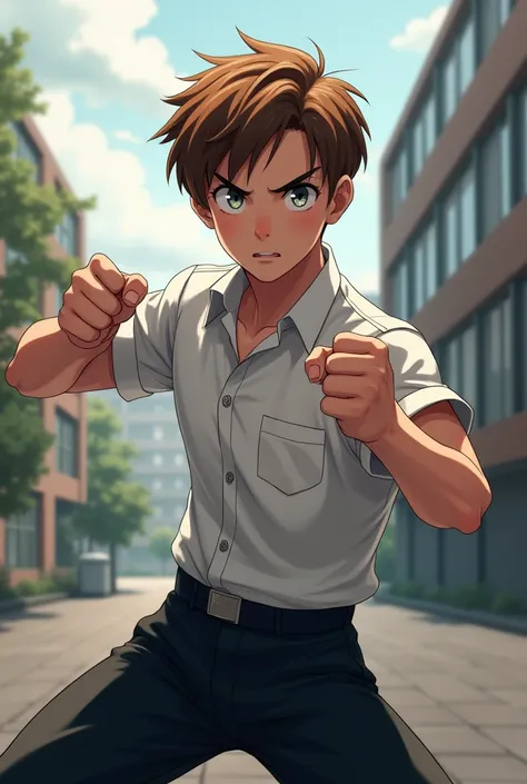 {{upper body, dutch angle}} {{Artist: sincos}} 1boy, young male, soft chestnut short hair, gray eyes, irish, white shirt, black pants belt, outdoors, back of the school, standing, fighting position, pov, modern, realistic anime