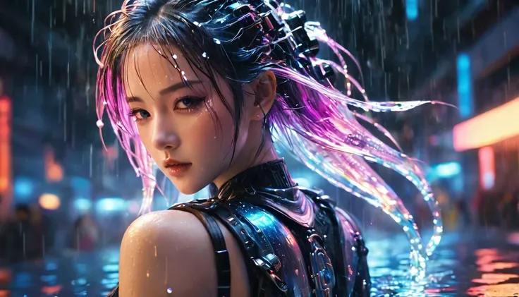 1 girl，beautiful, cyberpunk style，Bling Bling Bling Bling，motion blur，water drop，Cinematic lighting effects