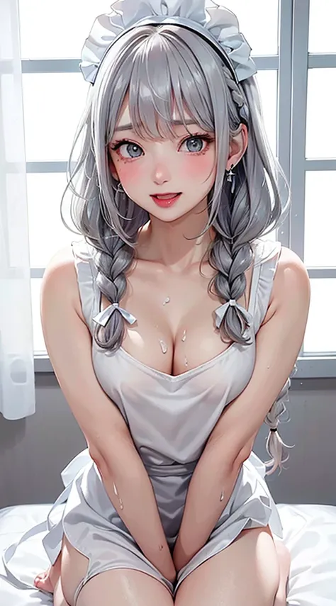 (1 girl, solo, anime, ideal body, (cleavage, hard nipples, small breast:1.2), beautiful, gorgeous, fresh, young, blunt bangs, (white grey hair:1.5), (braided straight and wavy long hair:1.3), (maid appron, no bra:1,6), (seiza:1.3), earrings, thin black hea...