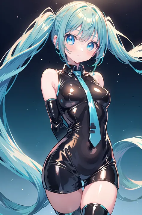 1girl,solo,cowboy shot,standing,(blue green hair:1.2),very long hair, twin tails,bangs,(red hair ornements),(blue green eyes:1.2),(beautiful fingers:1.4),(perfect anatomy:1.4),(arms_behind_back:1.6),(latex luster shiny glossy:1.6),(shiny_clothes:1.6),mediu...