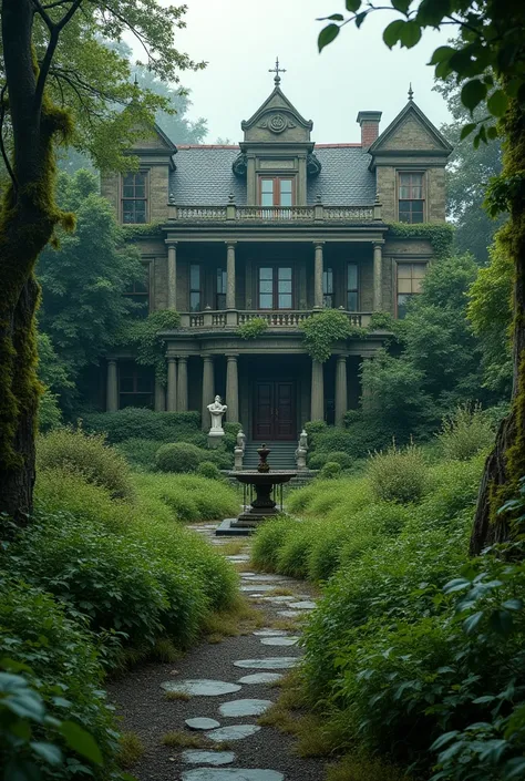 Overgrown Garden**: "An overgrown, wild garden behind the mansion, with tangled vines, tall grass, and forgotten statues. A broken fountain stands in the center, and the air is filled with an unnatural chill. The once-beautiful garden now looks eerie and u...