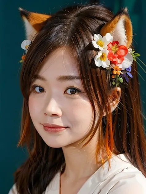 masterpiece, Highest quality, Very detailed, One girl, alone, (:3:0.9), Animal earsの毛, Animal ears, Orange Hair, Fluffy hair, blush, Brown eyes, flower, Fox Ears, Fox Girl, Slope, Slope background, hair flower, hair ornaments, kimono, kimono, View your vie...