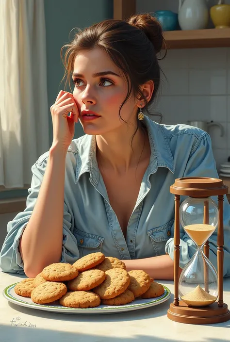 drawn in the form of a colored drawing, a woman looking at a countertop containing: exactly a platter of cookies, exactly one larger hourglass and exactly one smaller hourglass