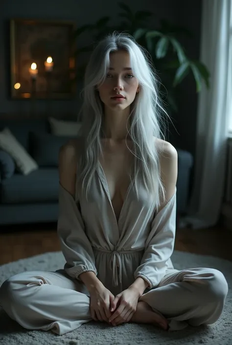 Beautiful girl with white skin, light gray hair, professional photo, realistic, against the backdrop of a dark living room, sits in lotus position and looks straight ahead, modest clothing 