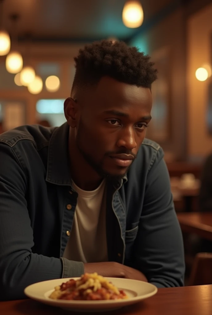 Black man. Shy. sitting in a restaurant.Smiling. Ultra high resolution.