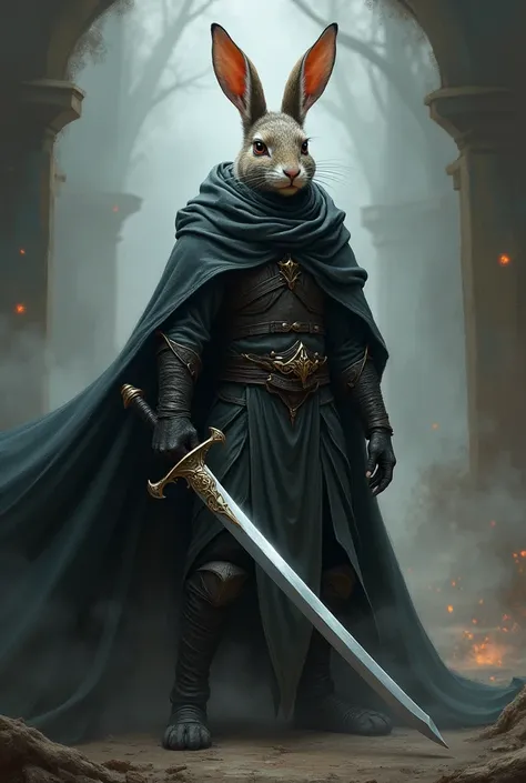 An anthropomorphic rabbit holding a sword and wearing dark robes