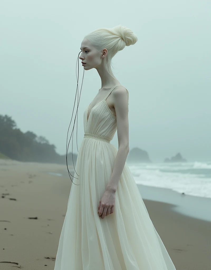 A surrealistic full body photograph of an elegant female humanoid creature with a long elongated neck, white skin and dressed in a flowing gown on the beach. Her head is completely covered by pale fabrics that cover her eyes. She has two very thin tentacle...