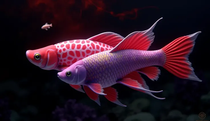 Close-up of two giraffe fish，The tail and fins are red, Red scales on his back, Manjita smoke red light, Albino Mystic, Red scales, a purple fish, Beautifully detailed orixa, Kurumida Masami, purple mullet, She has rainbow scales, Rare fish, red realistic ...