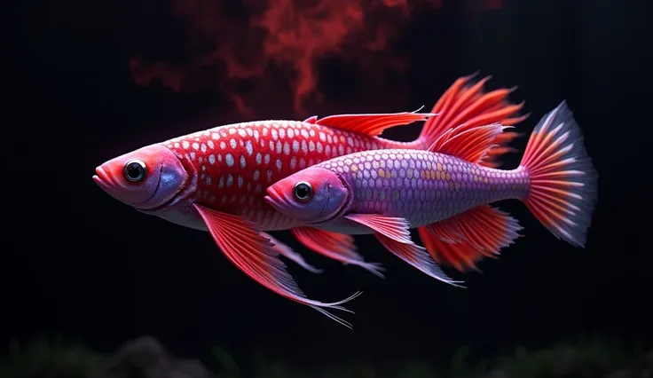 Close-up of two giraffe fish，The tail and fins are red, Red scales on his back, Manjita smoke red light, Albino Mystic, Red scales, a purple fish, Beautifully detailed orixa, Kurumida Masami, purple mullet, She has rainbow scales, Rare fish, red realistic ...