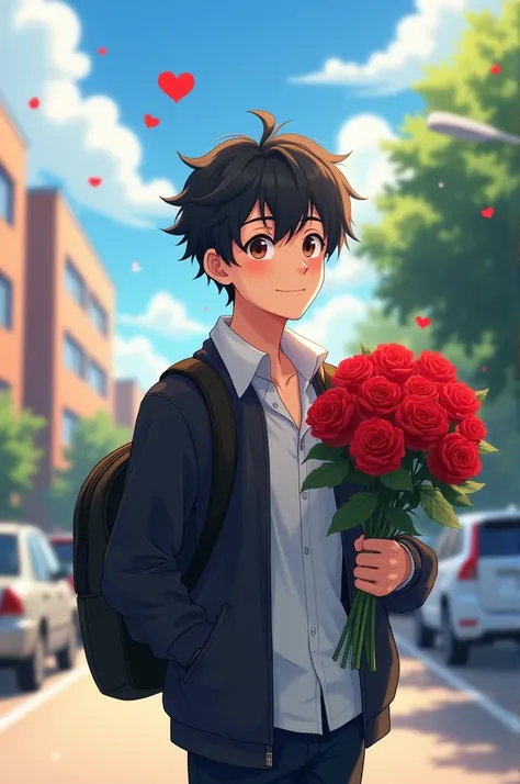 Can you make a man with black hair, brown eyes, having a messy hair, with dimples, 54 height and 21 years. Wearing a white shirt and black jacket. Handing a red roses standing at the center of school road. Waiting for his girl. Man with backpack at the sch...