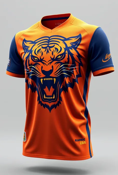 A model of a men&#39;s futsal shirt in orange with blue details, with a tiger on the chest of the small blouse, lots of details a claw on the back. Front and back blouse 