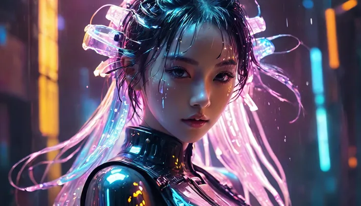 1 girl，beautiful, cyberpunk style，Bling Bling Bling Bling，motion blur，water drop，Cinematic lighting effects