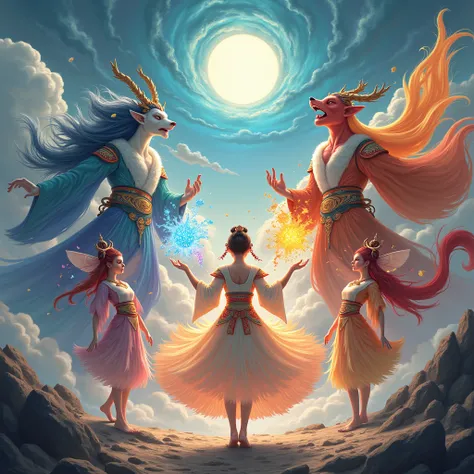 Fengshen and Thunder God、Fūshin and Raijin Diagram、 There are five characters in total：Female Fairy，Please put your hands up，Leaning into the sky，Colorful fairy skirt，Hands holding colorful sacred stones，There is a hole in the sky。Mythological environment ...