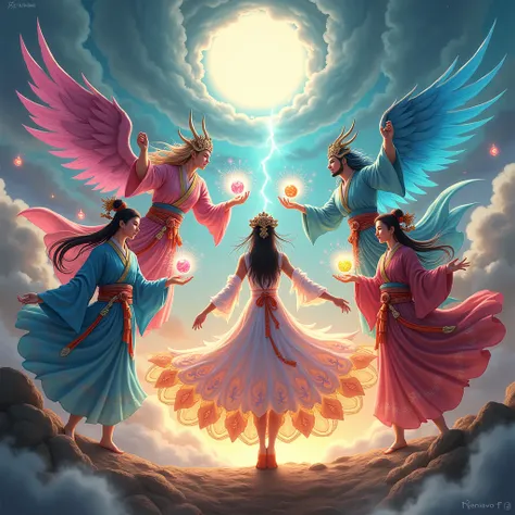 Fengshen and Thunder God、Fūshin and Raijin Diagram、 There are five characters in total：Female Fairy，Please put your hands up，Leaning into the sky，Colorful fairy skirt，Hands holding colorful sacred stones，There is a hole in the sky。Mythological environment ...