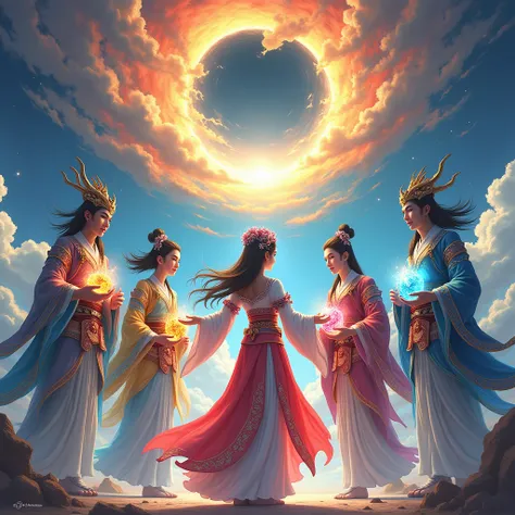 Fengshen and Thunder God、Fūshin and Raijin Diagram、 There are five characters in total：Female Fairy，Please put your hands up，Leaning into the sky，Colorful fairy skirt，Hands holding colorful sacred stones，There is a hole in the sky。Mythological environment ...