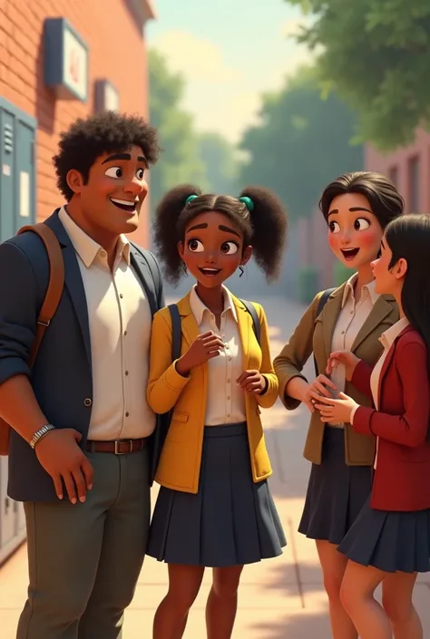 disney pixar movie character FIVE high school students wearing uniform (ONE  tan and plus size male and FOUR white female) laughing and talking to one another. Full body