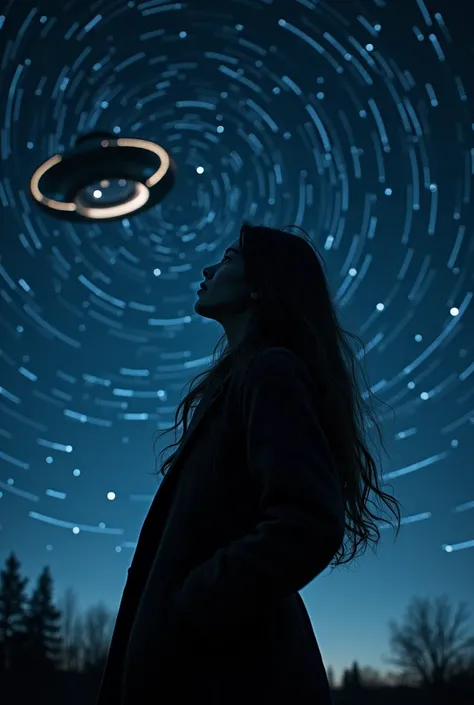 long exposure of starry sky with many circular orbits, focus on the stars, a flying saucer,silhouette of a young European woman with long hair with her hands in the pockets of her coat looking up,golden ratio