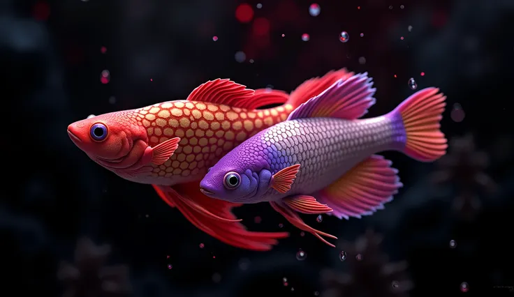 Close-up of two giraffe fish，The tail and fins are red, Red scales on his back, Manjita smoke red light, Albino Mystic, Red scales, a purple fish, Beautifully detailed orixa, Kurumida Masami, purple mullet, She has rainbow scales, Rare fish, red realistic ...