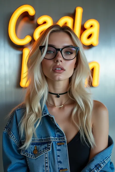 LET THE BACKGROUND BE SILVER. THE PHOTO SHOULD BE A BLONDE WOMAN, 2, WITH GLASSES, WEARING AN OPEN-SHOULDER DENIM JACKET. WRITE "CAGLA LIAN" WITH 3D LOGO IN THE BACKGROUND. LET THE TEXT COLOR BE GOLDEN YELLOW